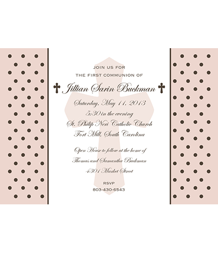 Holy Cross and Polka Dots Religious First Communion or Baptism Printable Invitation - Pink